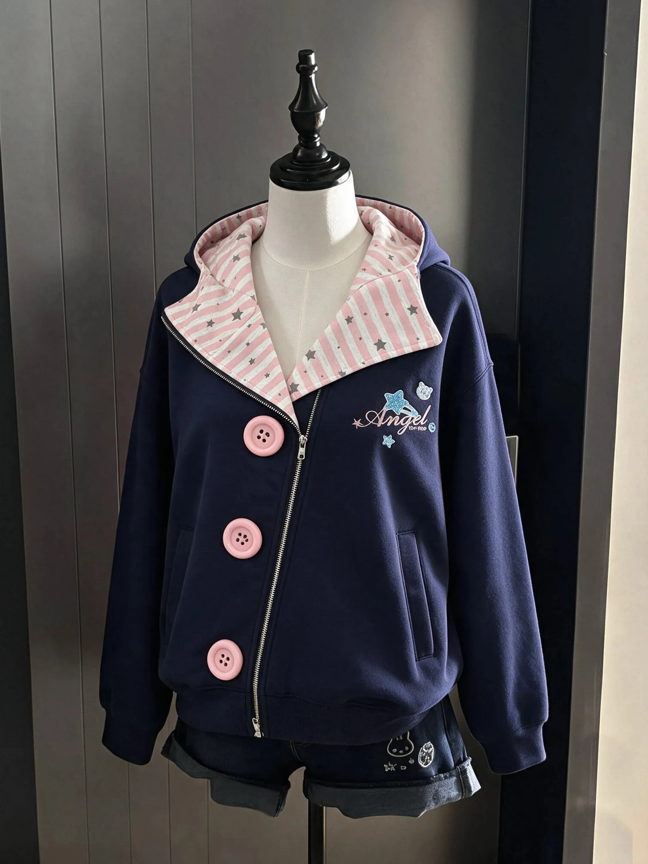 Korean Style Star Striped Hooded Open Cardigan Jacket Women's Spring Autumn Loose Design Sense Diagonal Zipper Sweatshirt