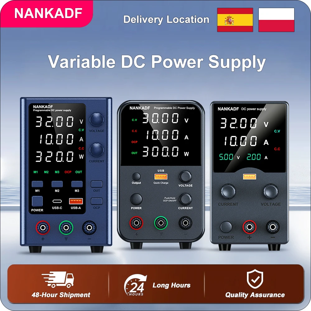 NANKADF Fuente de Alimentación Ajustable 0-30V/0-10A, DC Fuente de Alimentación Regulada de Alta Precisión de Laboratorio Pantalla LED de 4 Dígitos,con Control de Codificador y Memoria de Datos