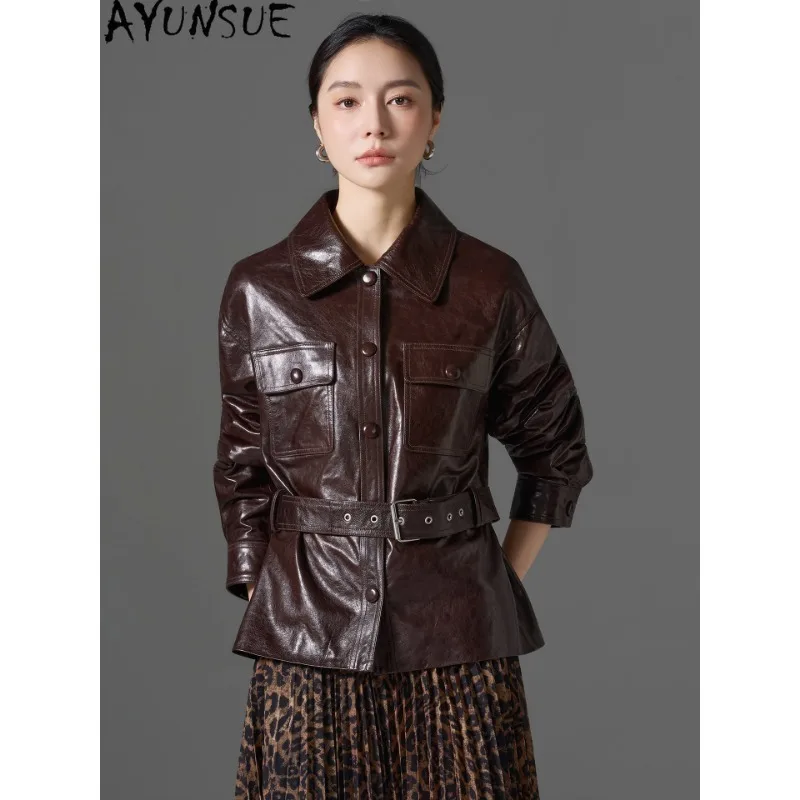 AYUNSUE Real Leather Jacket Woman Clothes Elegant Spring Autumn Coat Oil Wax Genuine Sheepskin Coats Belt Waist Косуха Женская