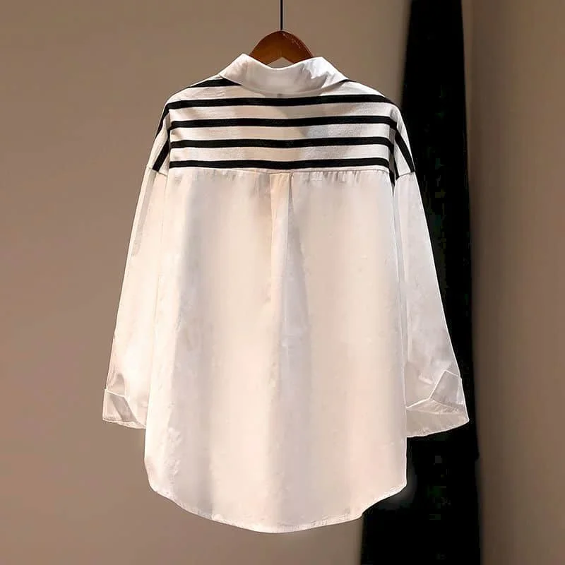 Camisas para mulheres polo-pescoço estilo coreano blusa de grandes dimensões listrado retalhos falso duas peças manga comprida casual solto feminino topos