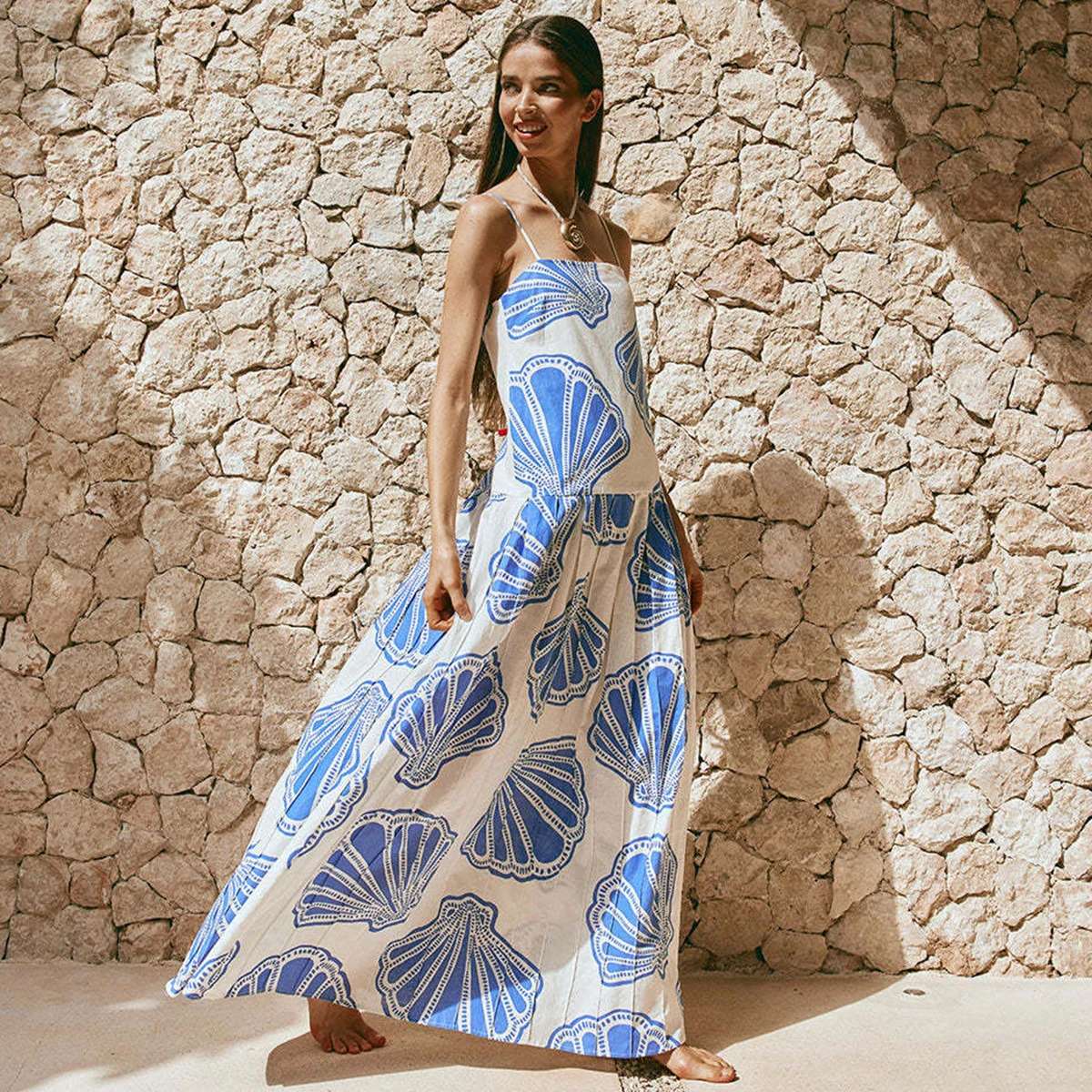 

Women Elegant Blue Floral Print Strap Linen Spring Summer Long Dress