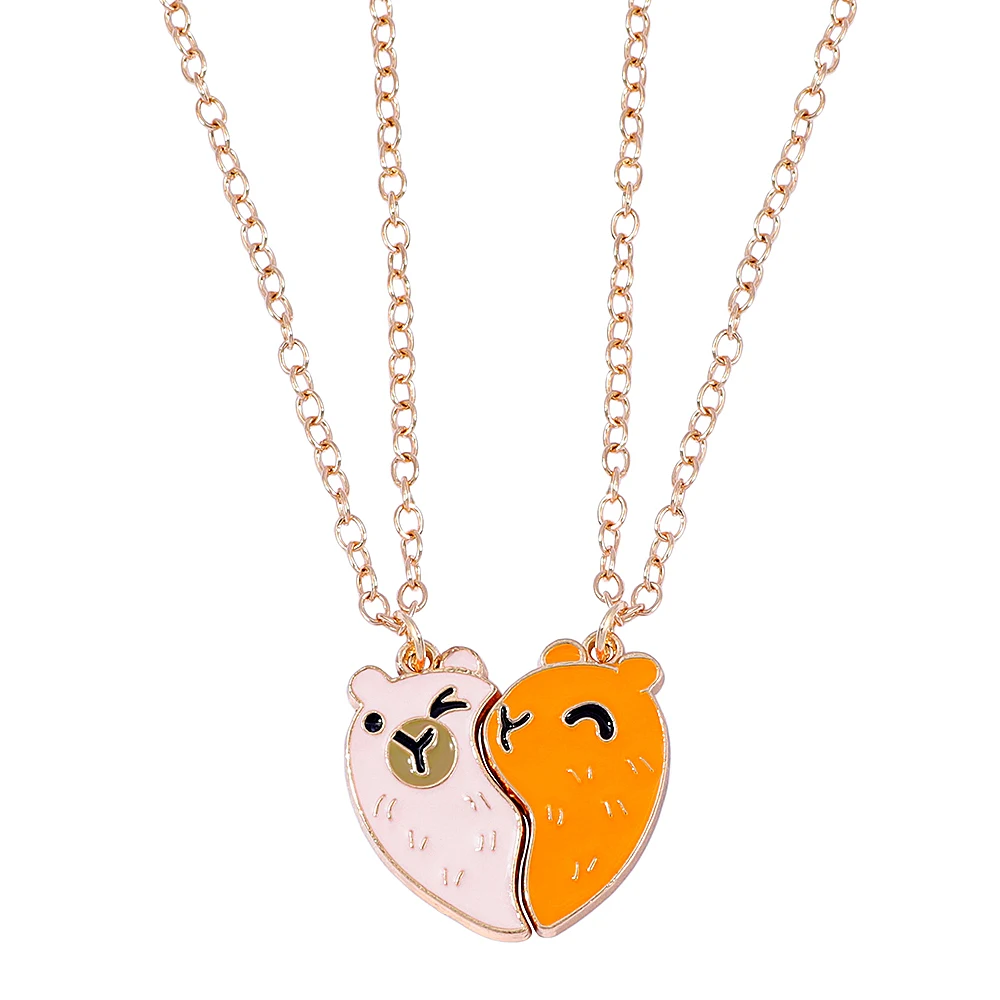 2Pcs/set Cartoon Capybara Pendant Heart-shaped Stitching Best Friend Necklace BFF Friendship Jewelry Gifts for Girls