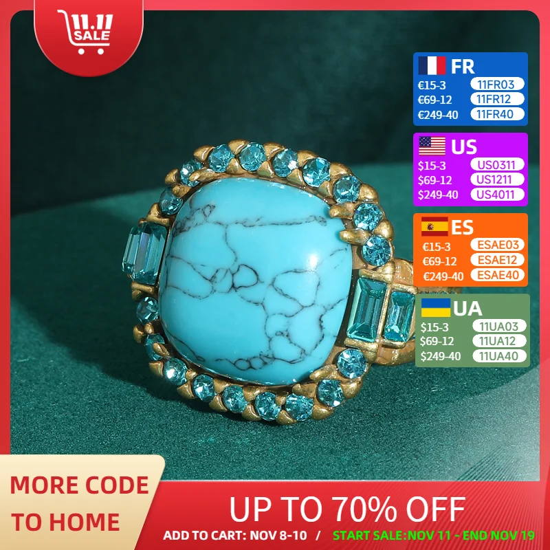 

Bohemian Jewelry Vintage Turquoise Ring Woman Blue Rhinestones Golld Color Luxury Quality Designer Antique Accessories 2025 New