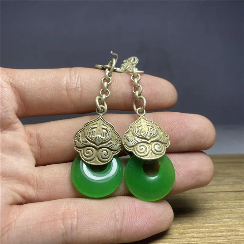 Antique Collection Qing Dynasty Old Jadeite Jade Ice-like Egg Noodles Ring Gem Old Silver Inlaid Earrings Eardrops Pure Silver E