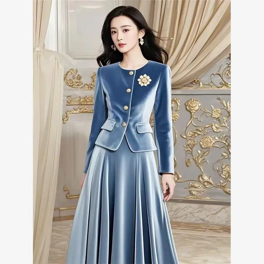 2 ชิ้นชุดภาษาฝรั่งเศสคํา Vintage Elegant กํามะหยี่สีฟ้าเสื้อแขนยาวผู้หญิงฤดูใบไม้ร่วงฤดูหนาว High-end Luxury High เอวพับชุด