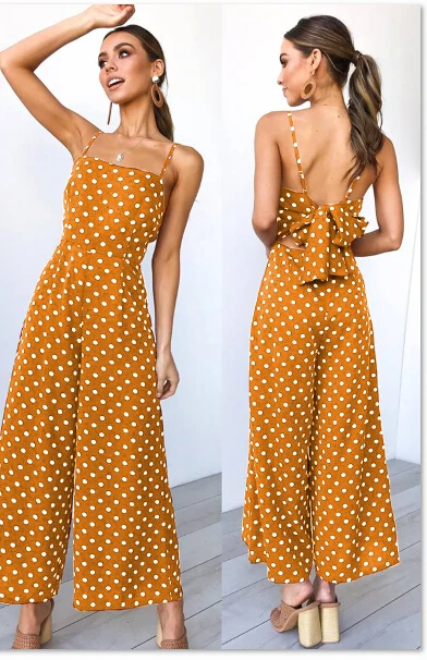 Women Summer Long Jumpsuit Polka Dot Printed Sling Hollow Back Bow Romper  Top Wide Leg Long Pants Jumpsuit