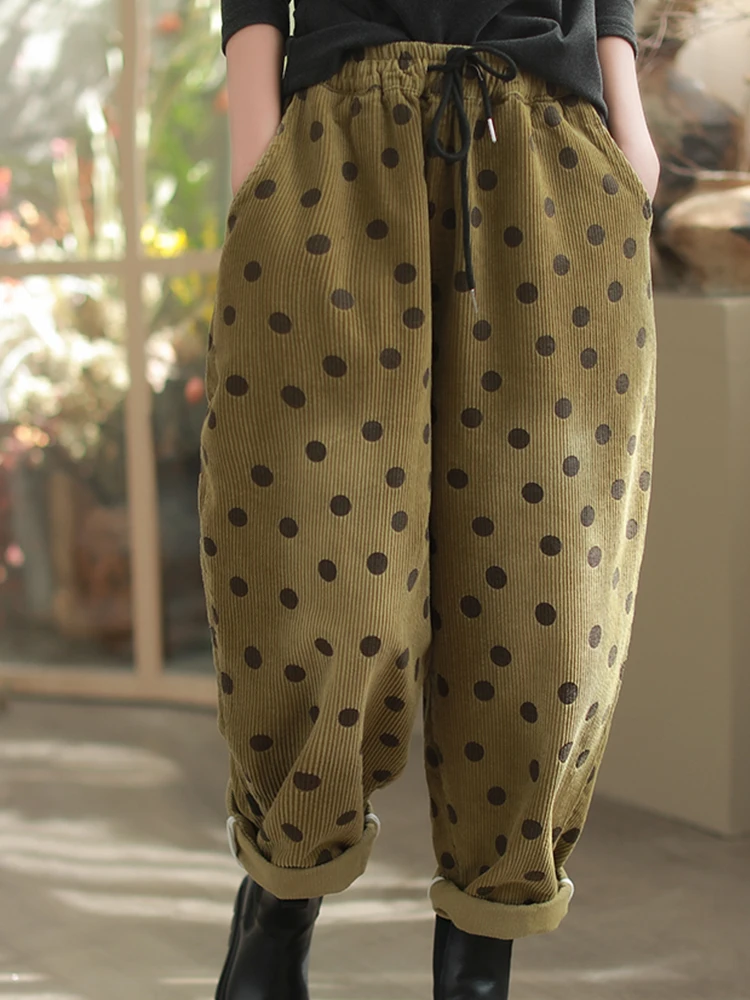 Amax LuluE 2026 Winter Damen Koreanische Mode Lose Gepunktete Warme Cordhose Damen Verdickte Freizeithose Vintage Klassische Haremshose – Detail 13