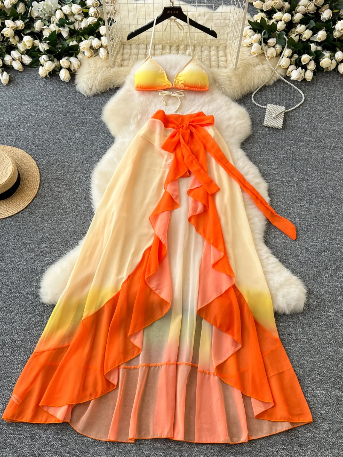 

Женский сексуальный жилет Beach Vaion adient Color с подвесными бретелями + e-трусики + длинный комплект с завязкой на талии