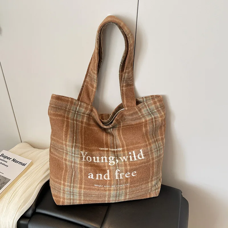 2025New Niche Autumn Winter Retro Plaid Color-Block Single Shoulder Bag Letter Embroidery Handbag Artistic Tote Bag
