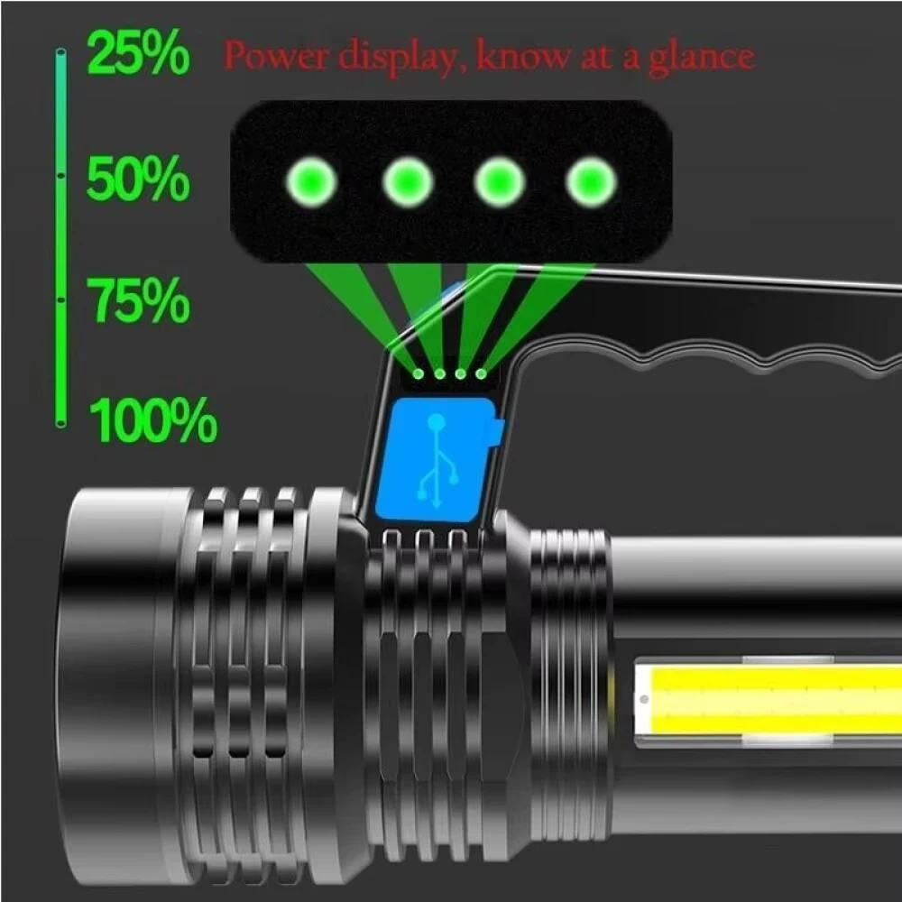 2KM 휴대용 LED USB 충전식 손전등 USB 강력한 손전등 토치 초강력 충전식 LED 전술 캠프 램프