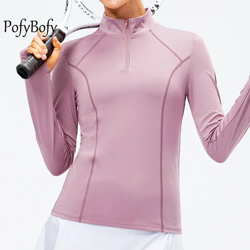 

PofyBofy Half Zipper Stand Collar Thumb Hole Slimming Fit Elastic Softness Sport Jacket Fitness Yoga Running Exercise Women Tops