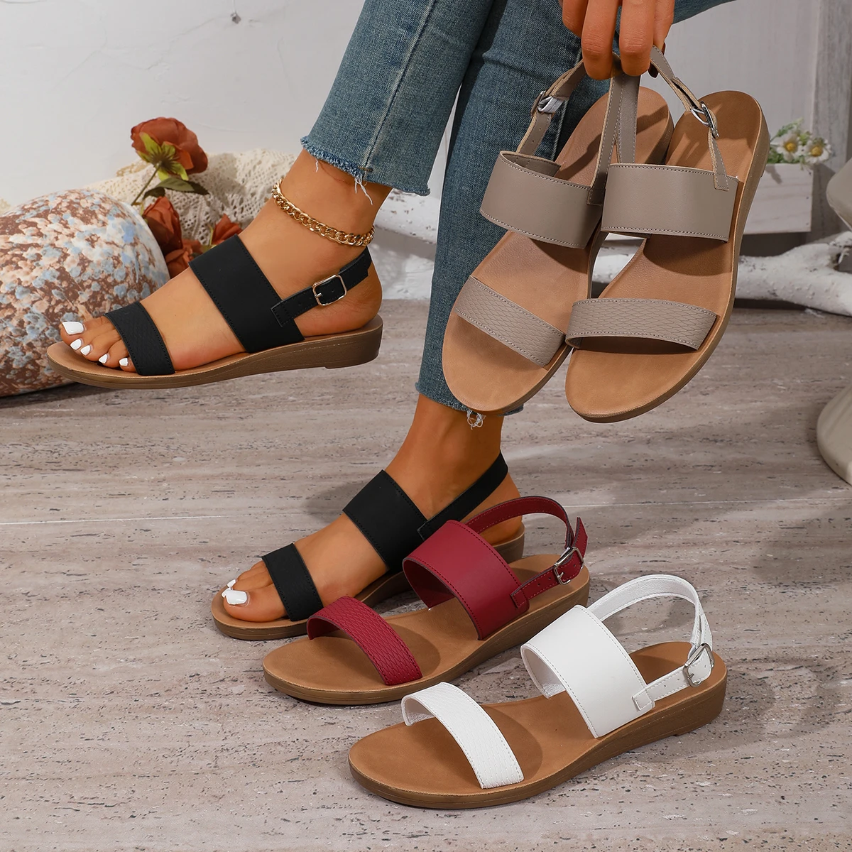 Modische, heiß begehrte, sexy, elegante, bequeme und lässige Strand-Sandalen, Sommer-Bestseller, offene Zehenpartie, runde Zehenkappe, flache Sandalen – Detail 3