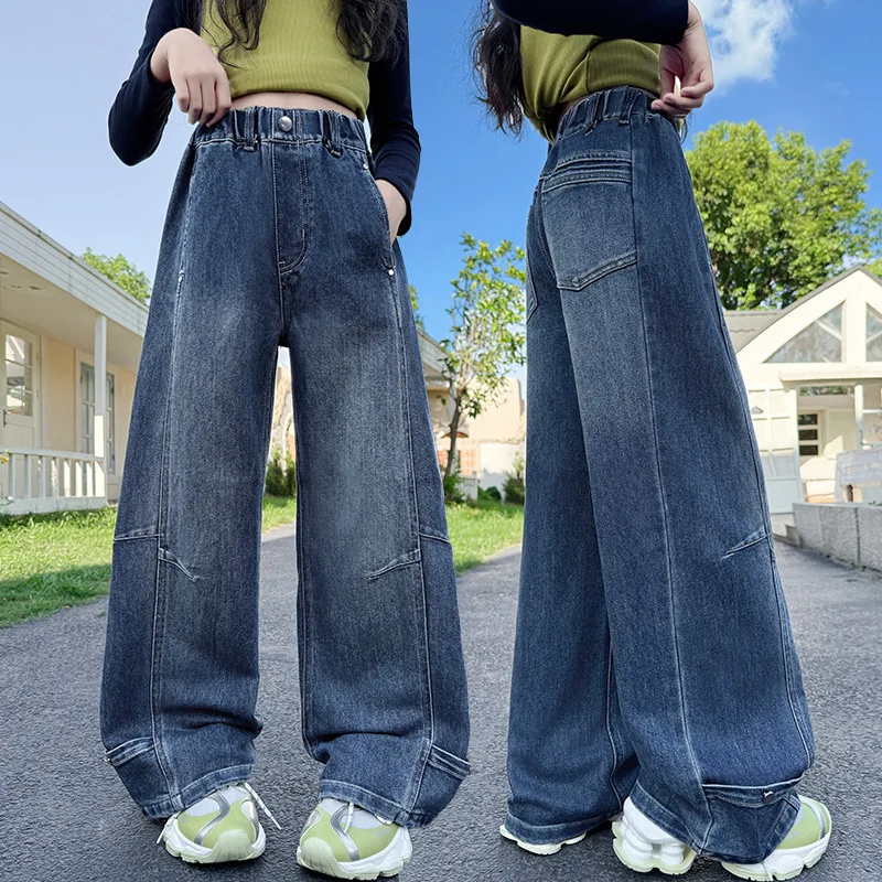 

American Child Fashion Jeans with Bottom Button for Tween Girl Punk Hip-Hop Loose Wide Leg Denim Pants Kids Casual Trousers