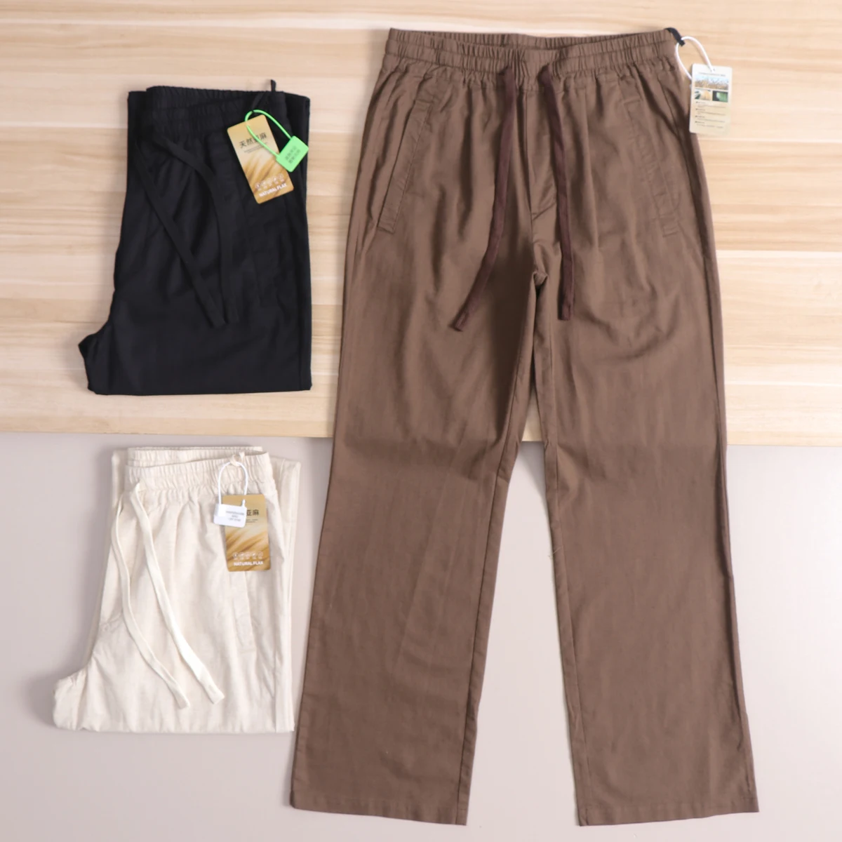 Natural Cotton Linen Blend Men's Loose Straight Leg Casual Pants Elastic Waist Lightweight Breathable Spring Summer