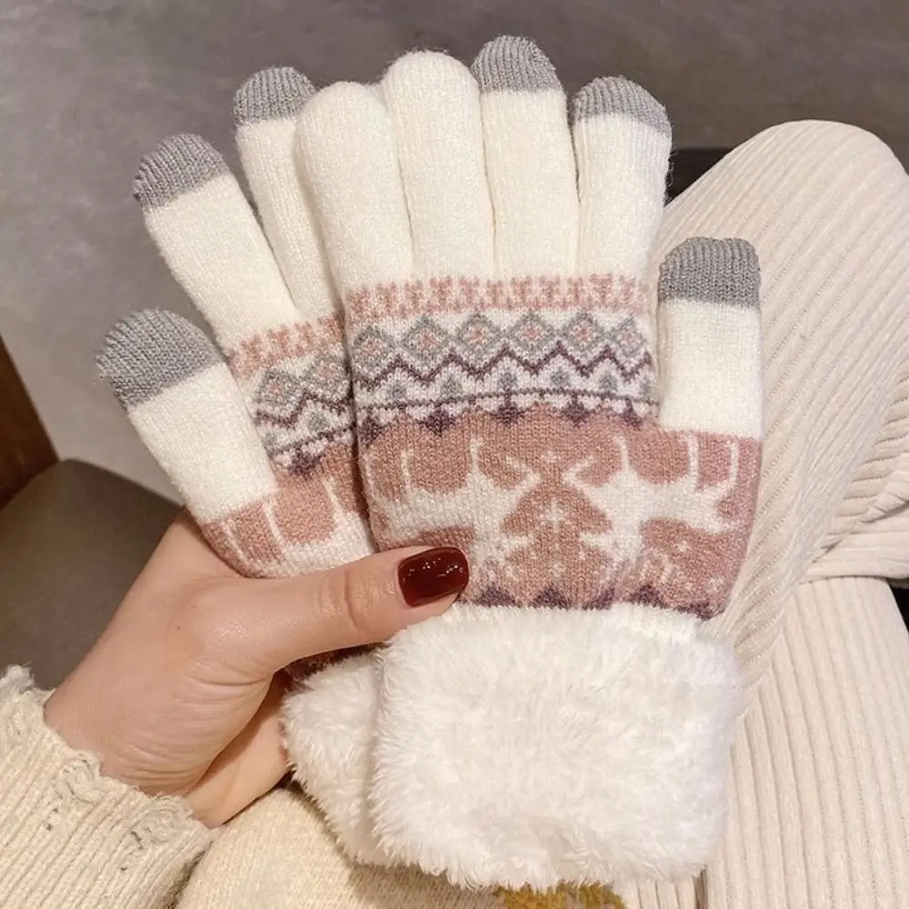 Niedliche Hirsch-Weihnachtsstrickhandschuhe, Wolle, Plüsch, Vollfinger-Handschuhe, winddicht, Plüschmanschette, Winter-Fäustlinge, Radfahren