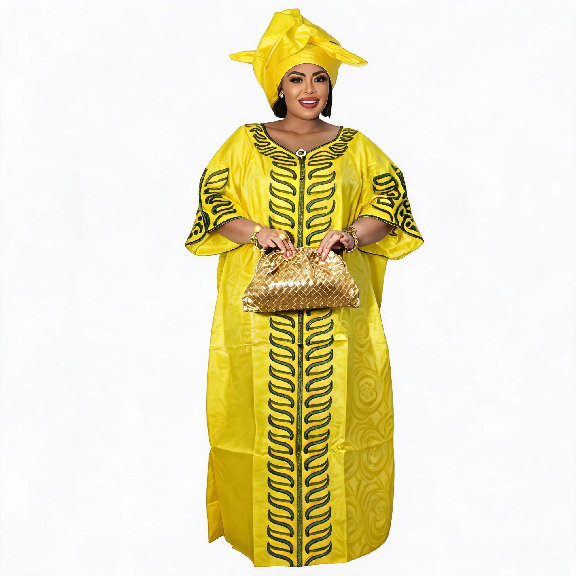 African Dresses For Women Plus Size Bazin Riche Embroidery Design Long Dress With Scarf