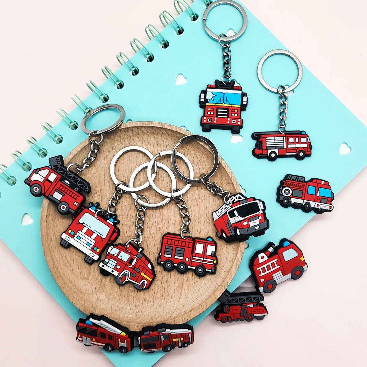 12Pcs Cartoon Fire Engine Truck PVC Keychains Firefighter Backpack Pendant Toys for Kids Birthday Party Favors Pinata Fillers