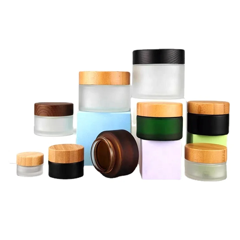 Wooden cap frosted glass jar 200ml 150 ml 100 ml glass cosmetic jars 50 ml 30 ml 15 ml glass jar with bamboo lid for face cream