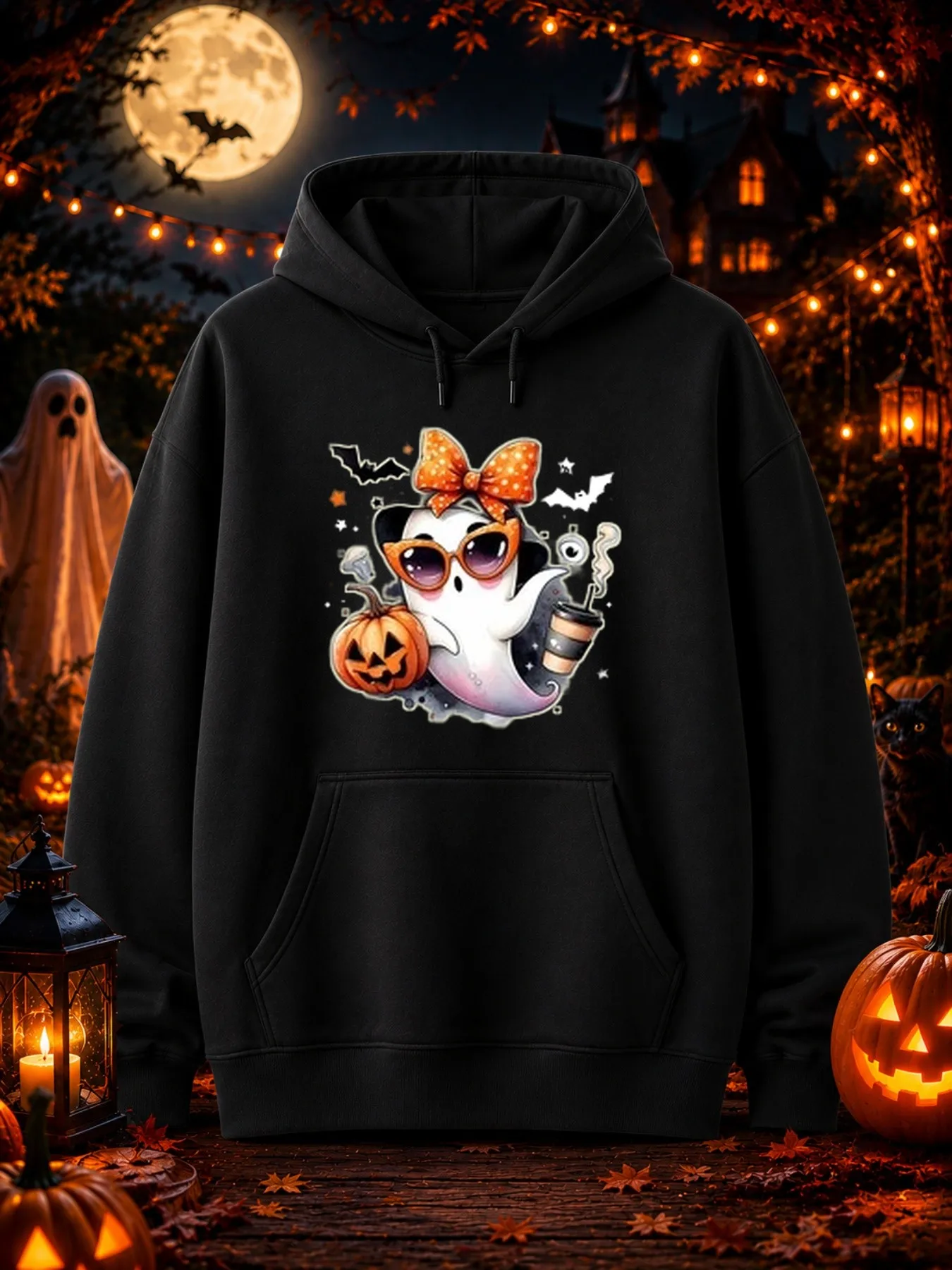 Men's Pattern Hoodie: Cute Floating Ghost with Orange Polka Dot Bow and Cat Eye Sunglasses, Holding Halloween Candles, Halloween Special Edition Vintage Street Style Sweater, Trendy Casual Fall Suit