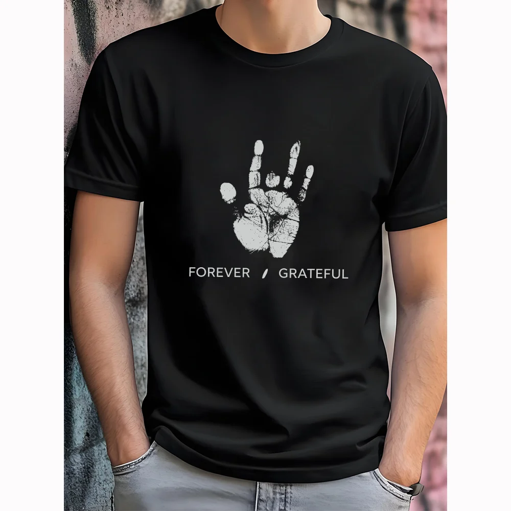 Forever Grateful – Schwarzes T-Shirt mit Vintage-Handabdruck-Print – Dankbarkeit und Heilung – Nischen-Lifestyle – Unisex-Freizeit-T-Shirt mit kurzen Ärmeln KT10019