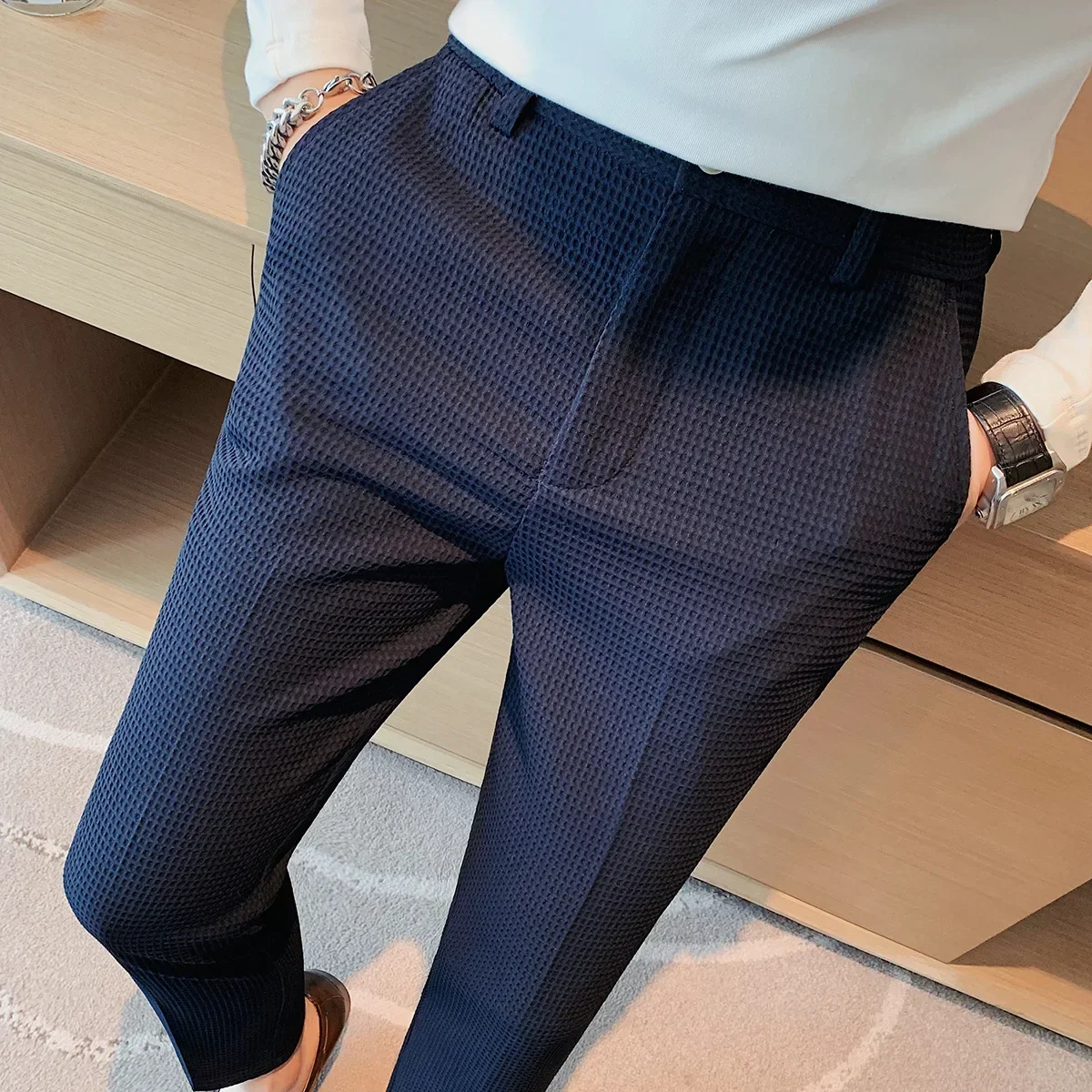 Pantalones informales de negocios para hombre, pantalones recortados, patrón de gofres, nueva tendencia, primavera y verano, verde oscuro, blanco, 28-38