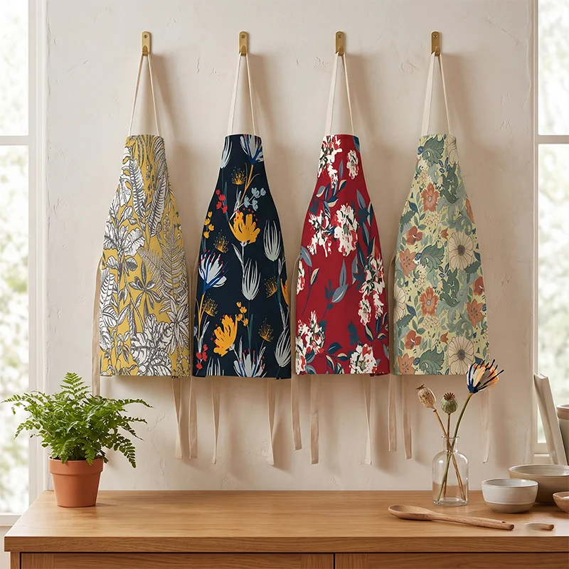 

Vintage Floral Printed Cotton Linen Apron One-Piece Retro Flower Kitchen Cooking Baking Bib Home Gardening Housework Pinafore