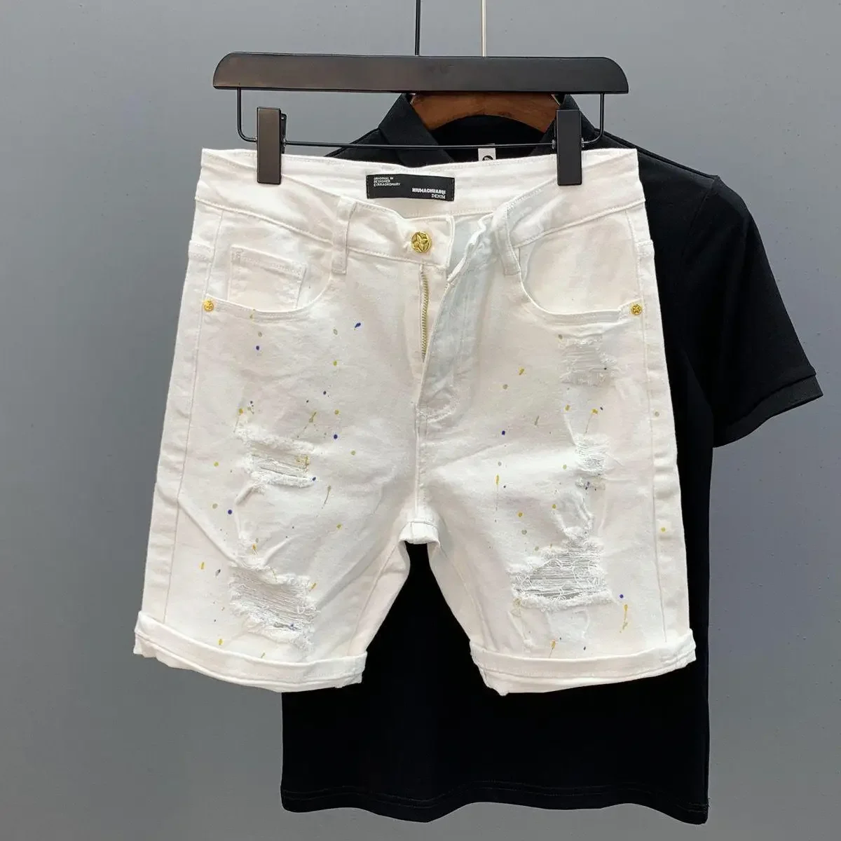

Pop Summer Men's Creamy-white Solid Color Hole Patched Jeans Shorts Splashed Ink Casual Trendy High Street Elastic Denim Shorts