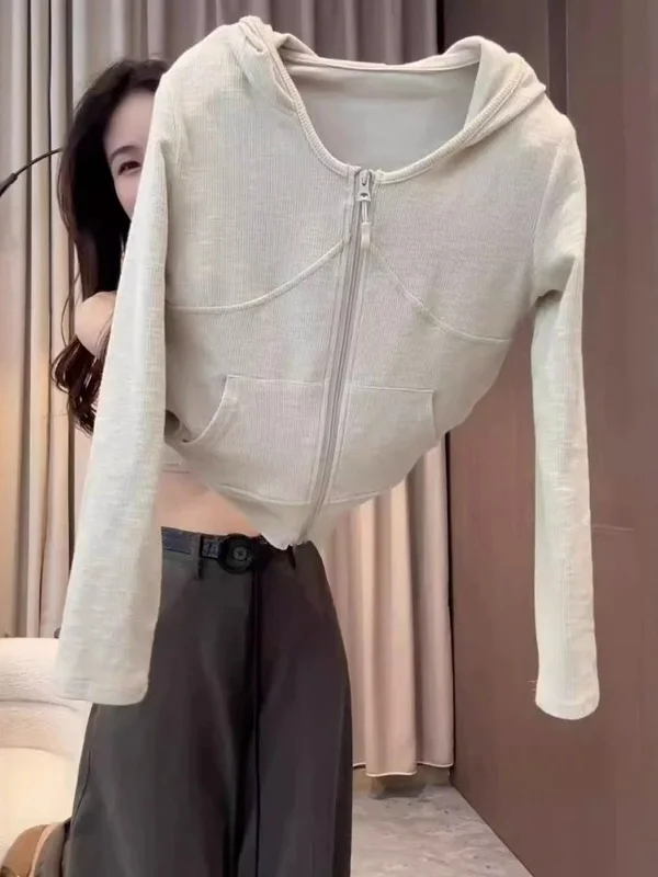 

Korean Design Hooded Zipper Cardigan Jaet Women's plus Size Casual Slimming Base Layer Top Spring Season Regular Sve