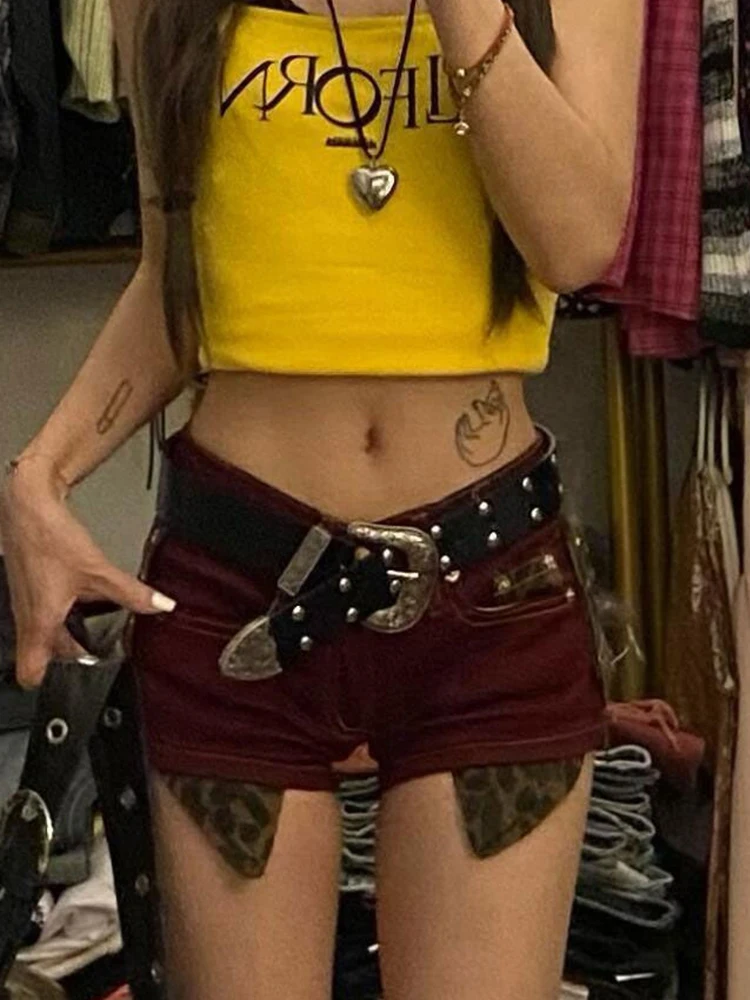 여름 여성 Abi Y2k streetwear 갸루 데님 반바지 레오파드 프린트 2000년대 일본 하라주쿠 진 핫 팬츠 한국어 Dark Academia