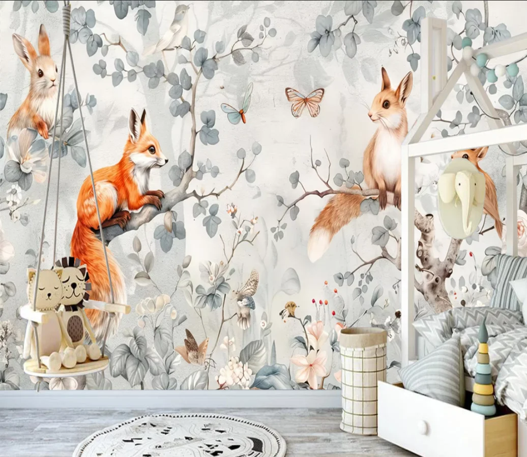 Customized Mural Wallpaper Hand Drawn Cartoon Forest with Cute Little Animals Children's House Background Wall Decoration Mural