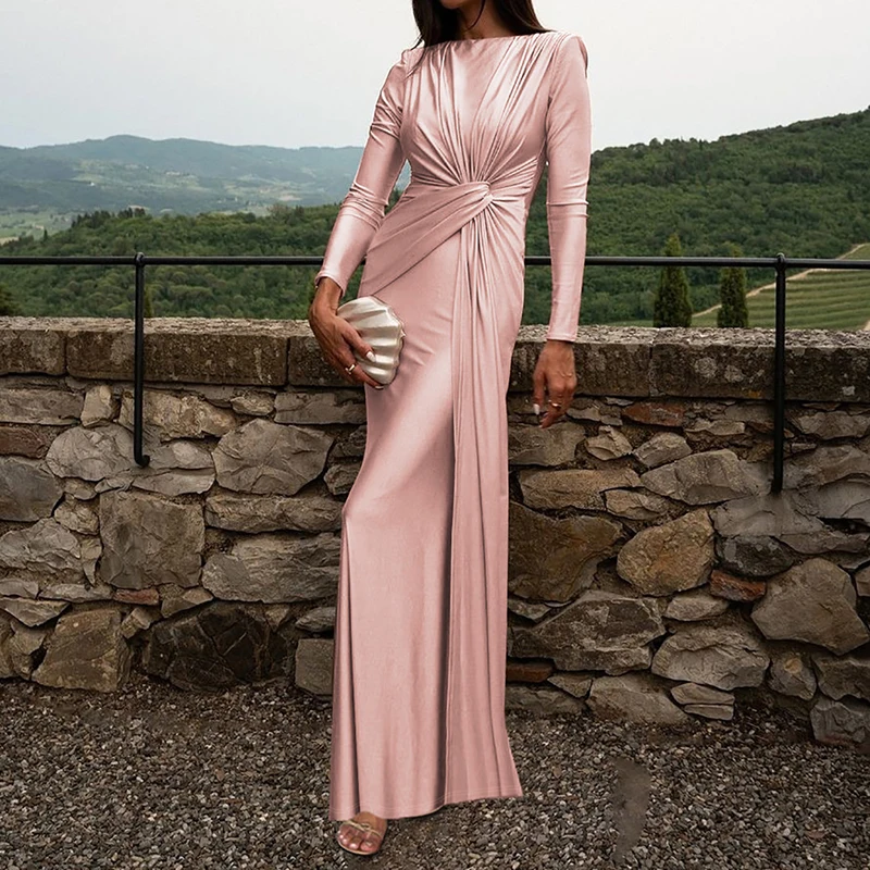 Elegant O Collar Twist Up Prom Gown Autumn New Long Sleeve Solid Pullover Dress Fashion Banquet Temperament Slim Evening Dresses