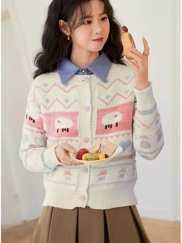 Sweet Lolita Girls Cardigan Coats Single Breasted Sweater Cute Sheep Flower Jacquard Sweater Jumper Tops Japanese Kawaii Clothes