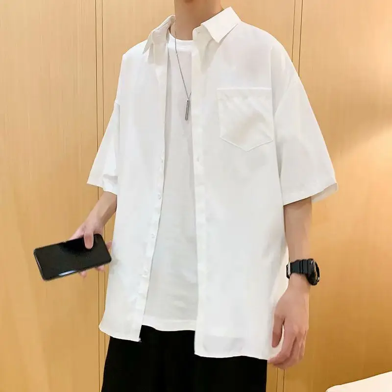 Summer Short-sleeved Shirt Men's Korean Style Fashion Handsome Solid Color Hong Kong Style Student Handsome Loose