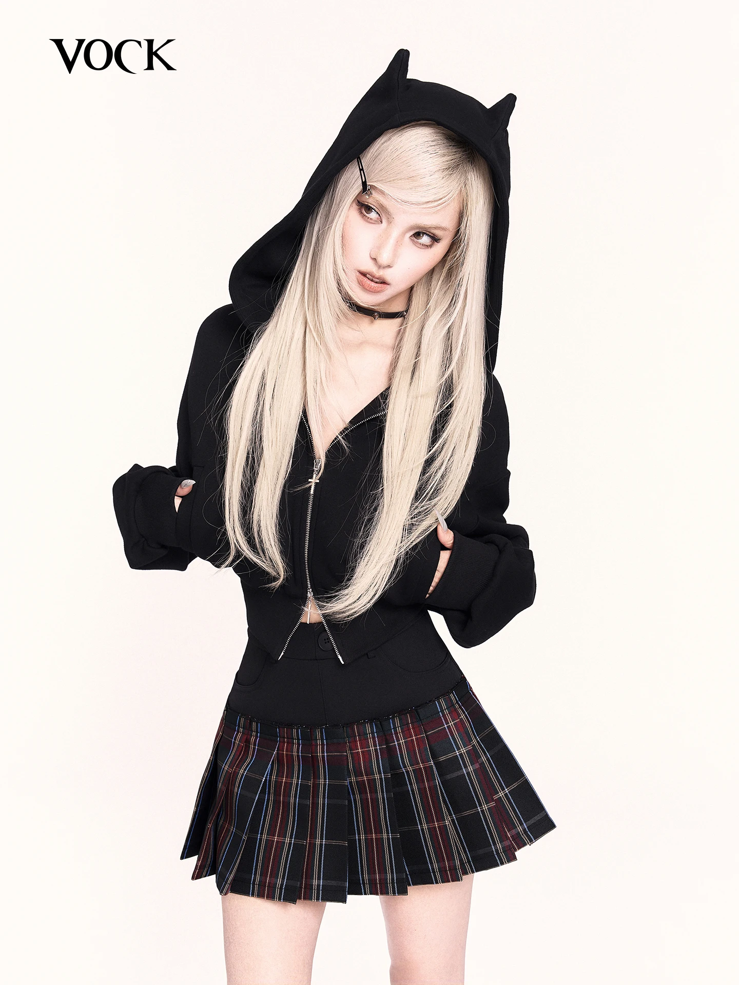 VOCK  Little Devil Ear Hooded Sweatshirt Casual Hot Girls Gothic Zipper Fleece Inner Hoodies Black Slim Short Pullover Tops