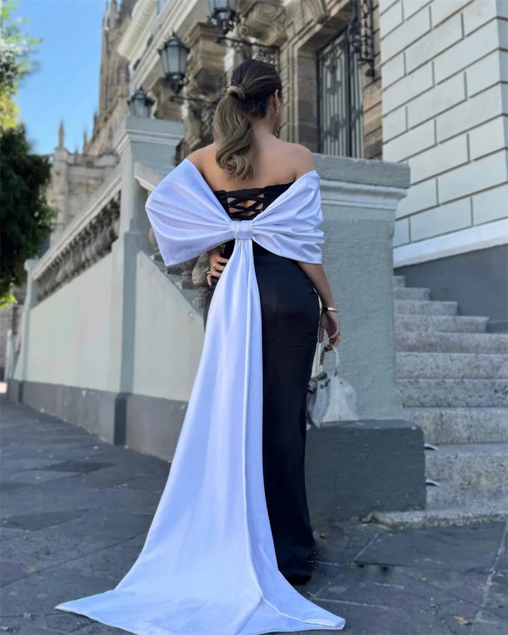 ﻿ Sansa Strapless Trumpet Satin Prom Dress Detachable Sleeves Detachable Train Customized Party Dress Lace-Up Evening Dresses