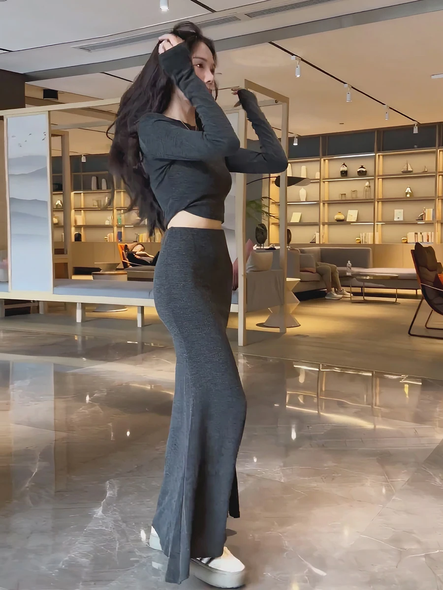 مثير الحلو والتوابل فتاة الخريف Faion مجموعة عالية الخصر Bodycon تنورة ملابس داخلية المرأة فرقة طويلة Sve جولة Ne