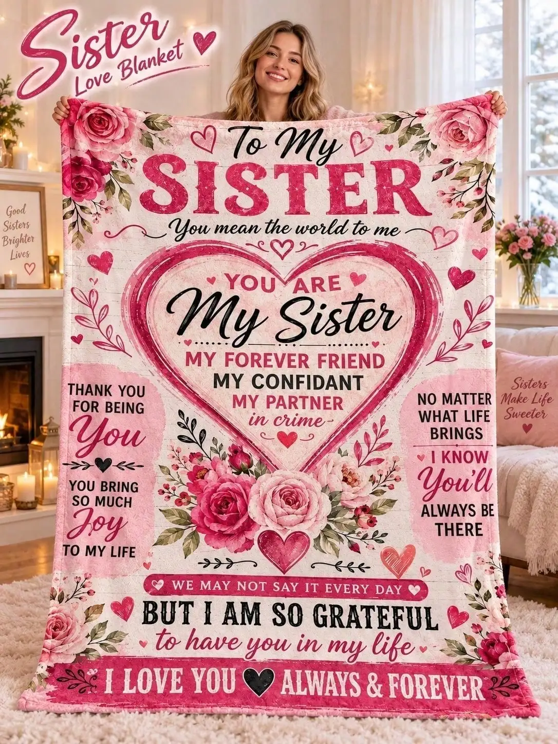 Sister Roses Heart Appreciation Flannel Blankets Sofa Bed Throw Home Decor Bedroom Living Room Christmas Halloween Thanksgiving Birthday Anniversary Housewarming Gift Family Friends Guestroom Lounge Apartment Winter Holiday Seasonal Travel Couch