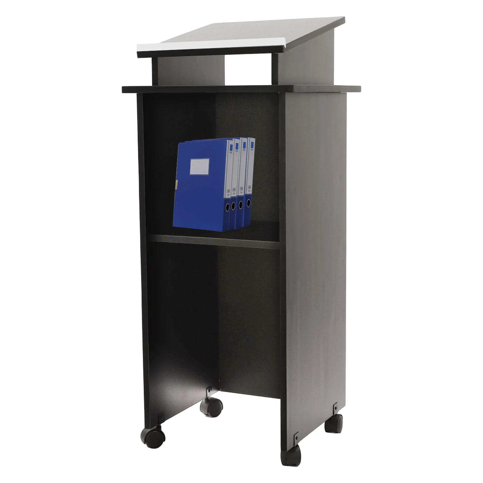 Mobile Presentation Stand 44in Height, Wooden Display Easel with 2-Tier Platform & 4 Wheels, 44lbs Load Capacity for Classroom Conference Office (Black)