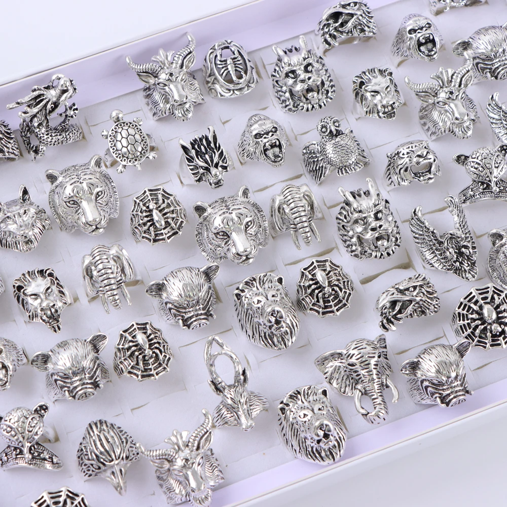 10/20/30/50pcs/Lot New Fashion Vintage Punk Unique Elephant Tiger Animal Finger Rings For Women Men Hip Hop Jewelry Party Gifts
