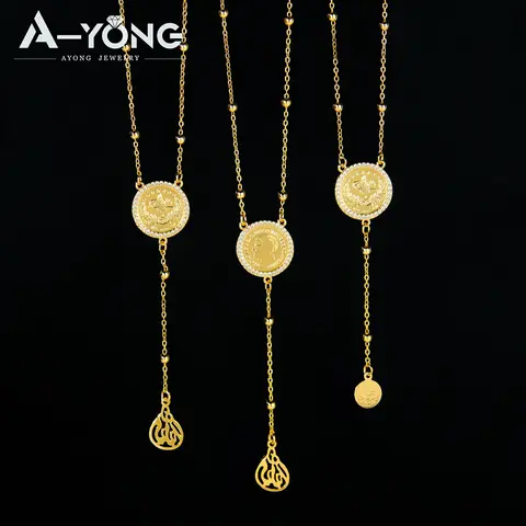 Arabic Fashion Zirconia Necklace 21k Gold Plated Dubai Muslim Lucky Coins Necklaces Women Vintage Ayatul Kursi Jewelry