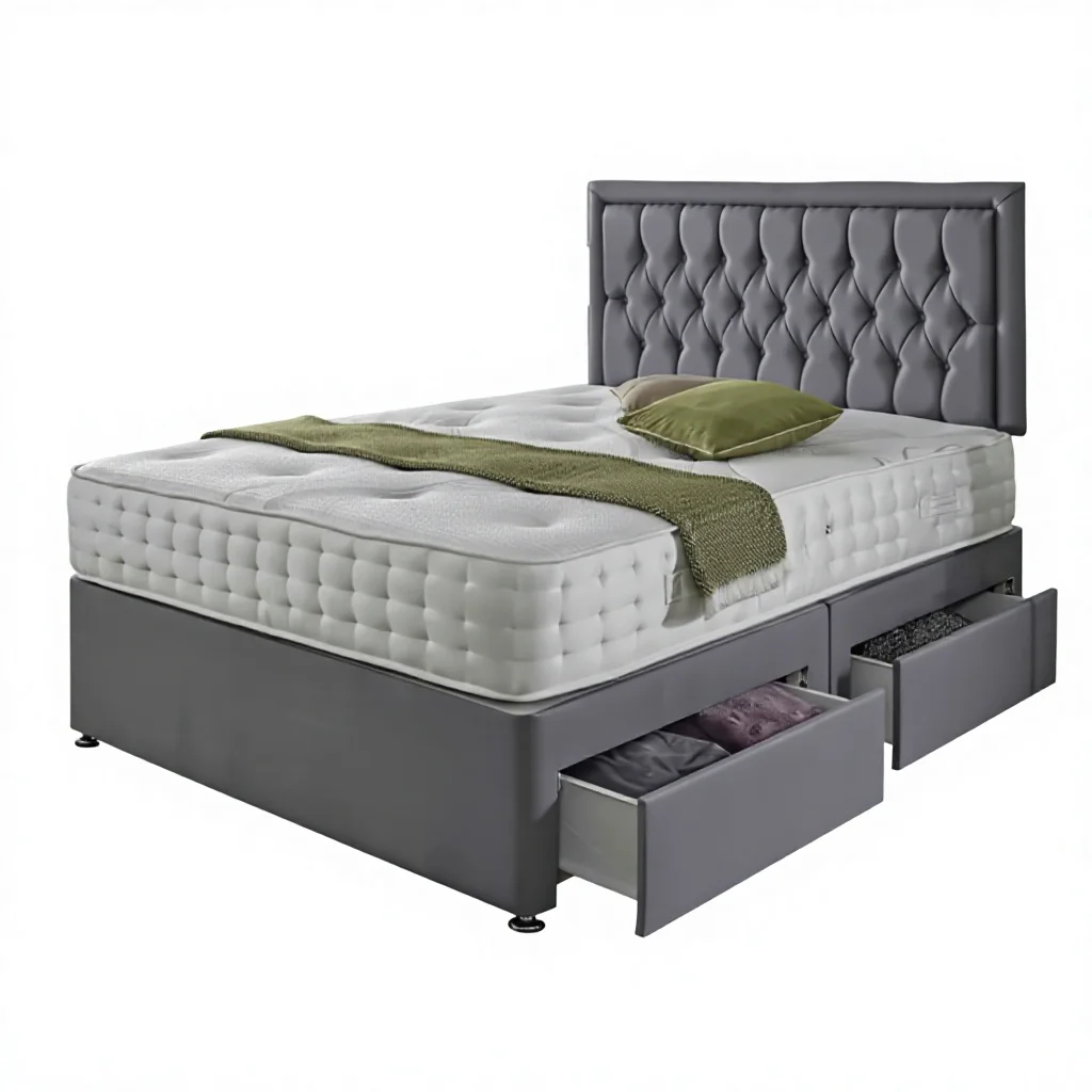 ^Modern Grey Velvet Fabric Tufted Plastic Frame Adjustable Double Queen King Size Upholstered Storage Platform 4-Drawer Soft Bed