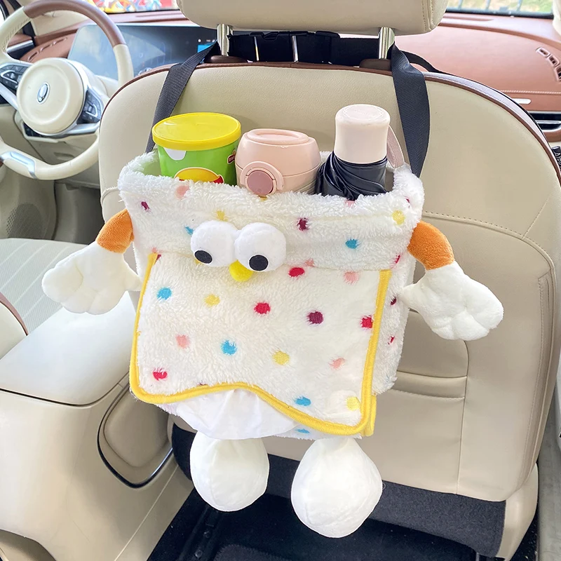 2 In 1 Car Tissue Box Doll Cartoon Garbage Can Car Trash Bins Cute Panda Tissue Box Car Storage Bucket Car Interior Accessories