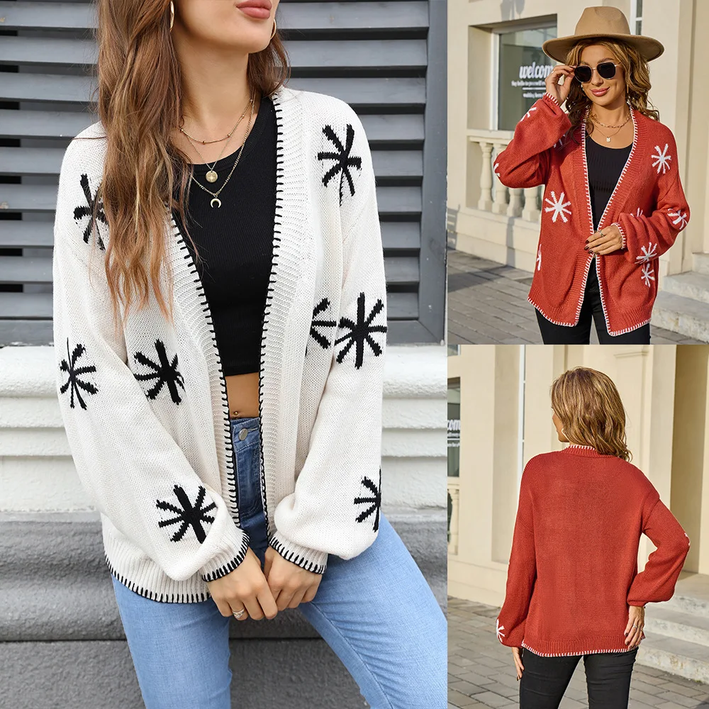 

Женский весенний свитер KIDCRKJ с жаккардовым узором, вырезом-лодочкой, цветочным принтом и цветовыми блоками, модный универсальный кардиган для женщин.