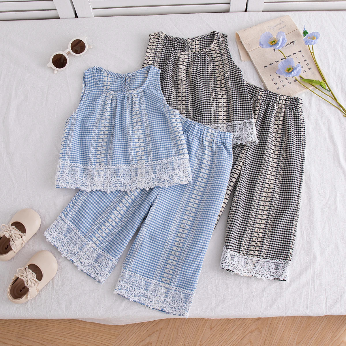 

2pc/Set Summer New Children's Top And Bottom Clothes Set Fashion Plaid Print Baby Girl Outfit Set 9 Months - 4 Years Old