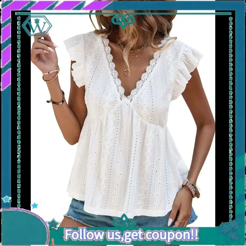

A09P Women's Lace Trimmed V Neck Ruffled Sleeve Flared Eyelet Tank Blouse Top