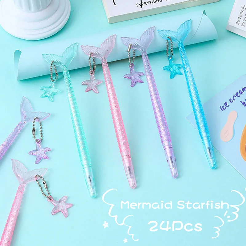 kawaii sereia gel pen com tinta azul e preta pingente starfish bonito cristal papelaria escola 05 mm 24 pcs por lote 01