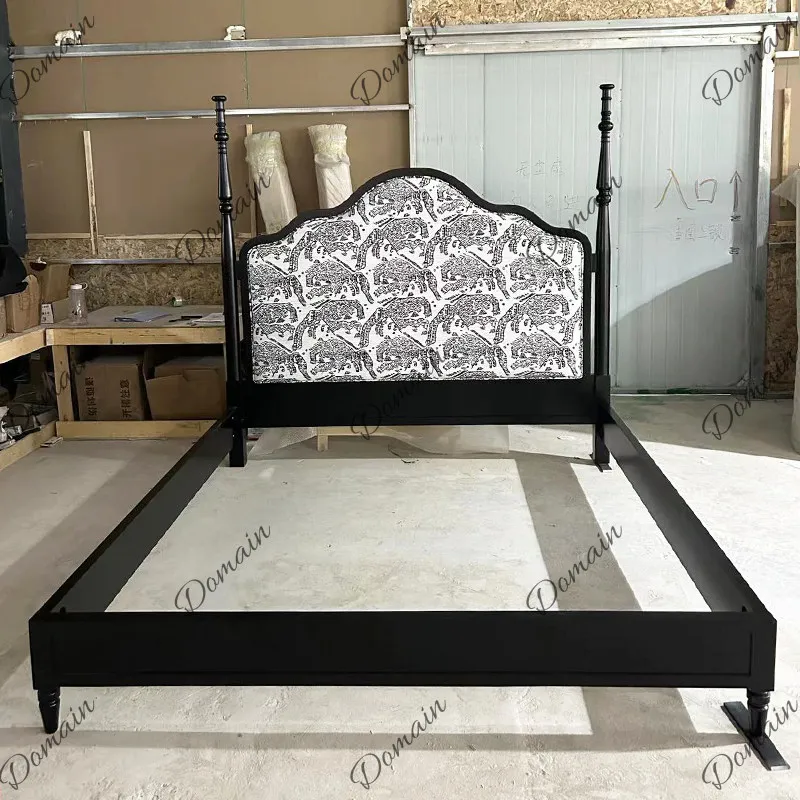 French retro solid wood master bedroom double high back Roman pillar bed black beech soft bag 1.8 meters princess bed