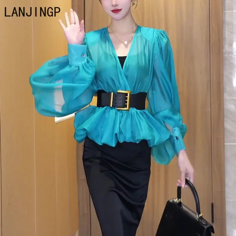 

Spring and summer light mesh micro-transparent bubble sleeve shirt women's 2025 spring new high-end temperament V-neck top