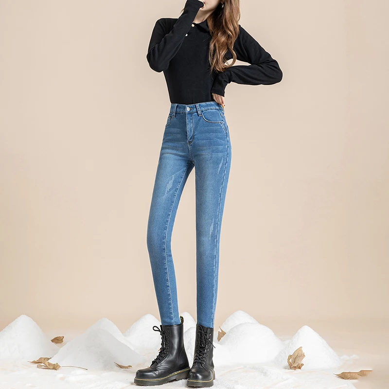 Winter Women Snow Thermal Skinny Jeans Warm Plush Stretch Pencil Pant Casual Thick Fleece Jeans Hot Legging Retro Blue Trousers