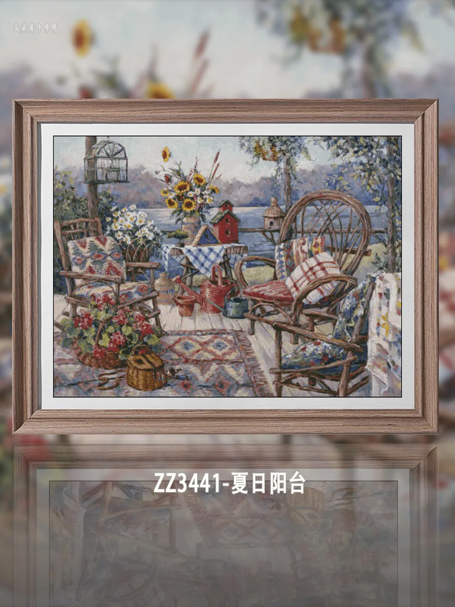 [KZ-ZZ3441-Summer Balcony] Cross Stitch Embroidery Kit 14CT 16CT, Printed Canvas, Creative Needlework Project